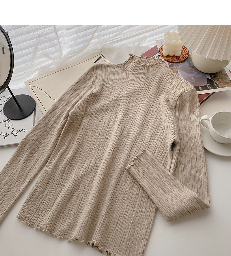 Korean stand collar long sleeve design slim fit bright silk sweater  6664