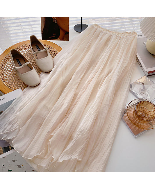 Mesh pleated draped high waist A-shaped medium length skirt  5789