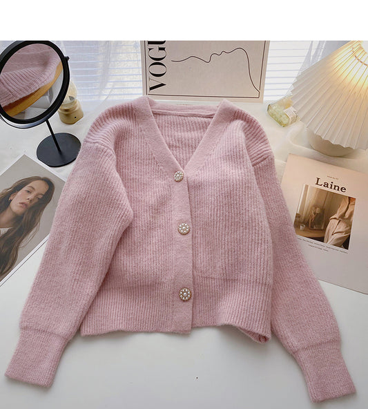 Korean retro sweet Beaded single breasted long sleeved top  6023