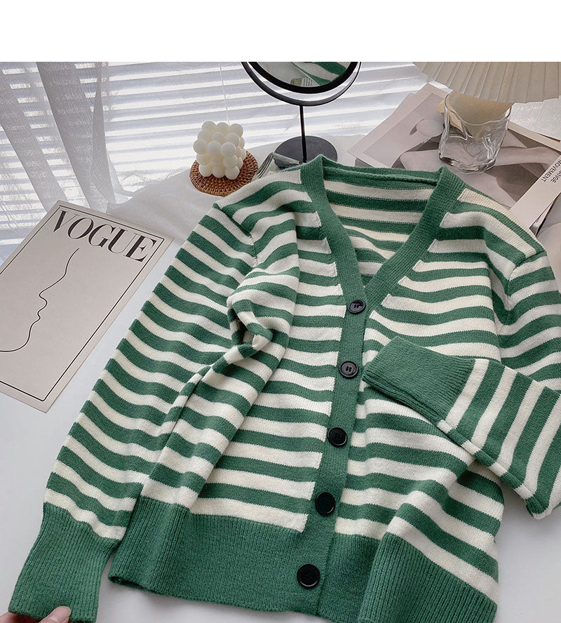 Vintage long sleeve knitted cardigan stripe V-neck casual top  6634