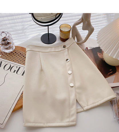 Fashionable temperament irregular single breasted high waist PU leather skirt  5593