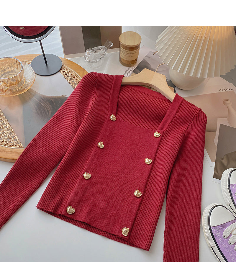 Square neck Vintage long sleeve sweater  6533