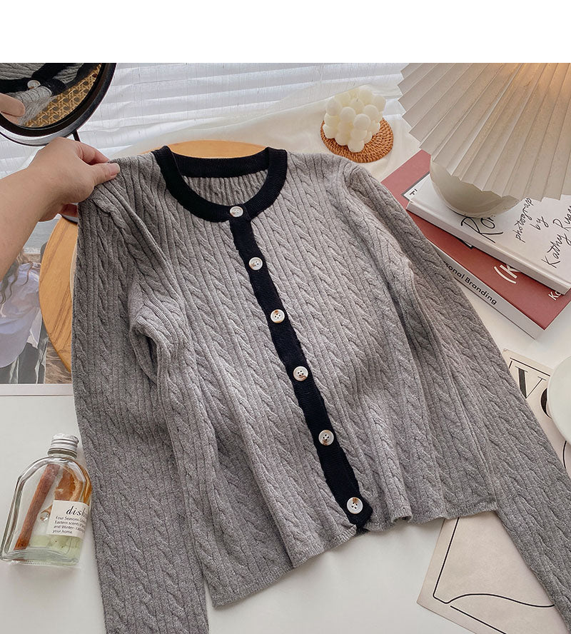 Knitted crew neck cardigan, versatile lazy long sleeve short top  6656