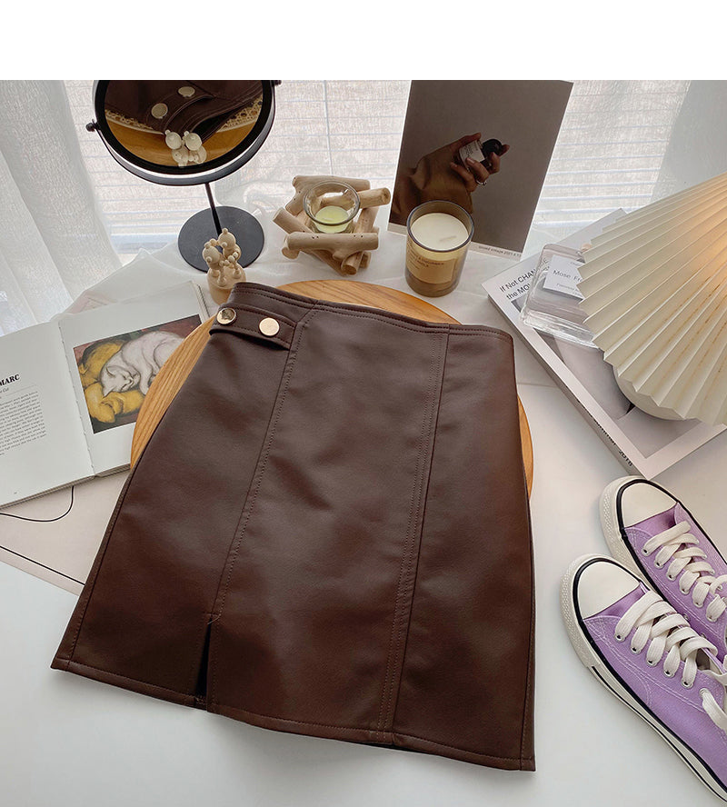 Korean solid color versatile fashion high waist PU leather bag hip skirt  5540