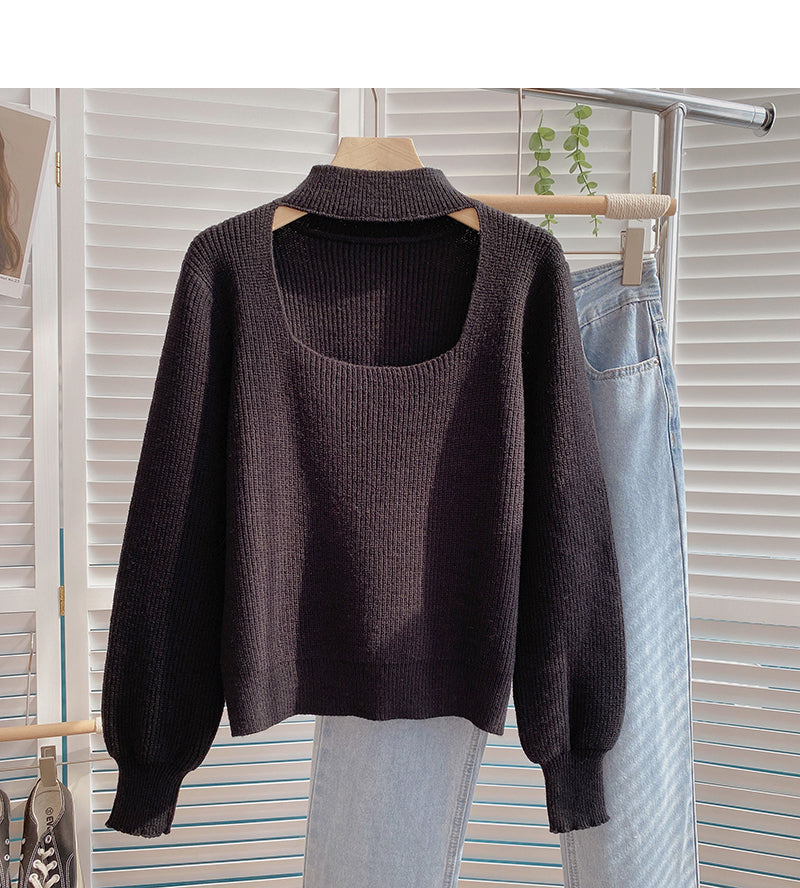 Stand collar hollowed out Lantern Sleeve Sweater  6177