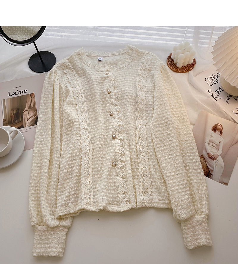 Korean version of foreign style solid color lace round neck top  6335