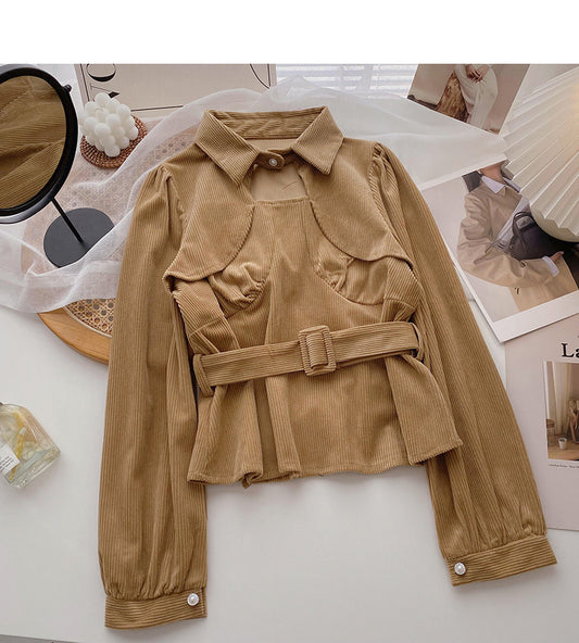 Haut à manches longues avec ceinture, cousu et découpé à la machine avec soin 6352