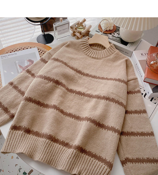 Hong Kong Style Vintage stripe slim long sleeve top  6104