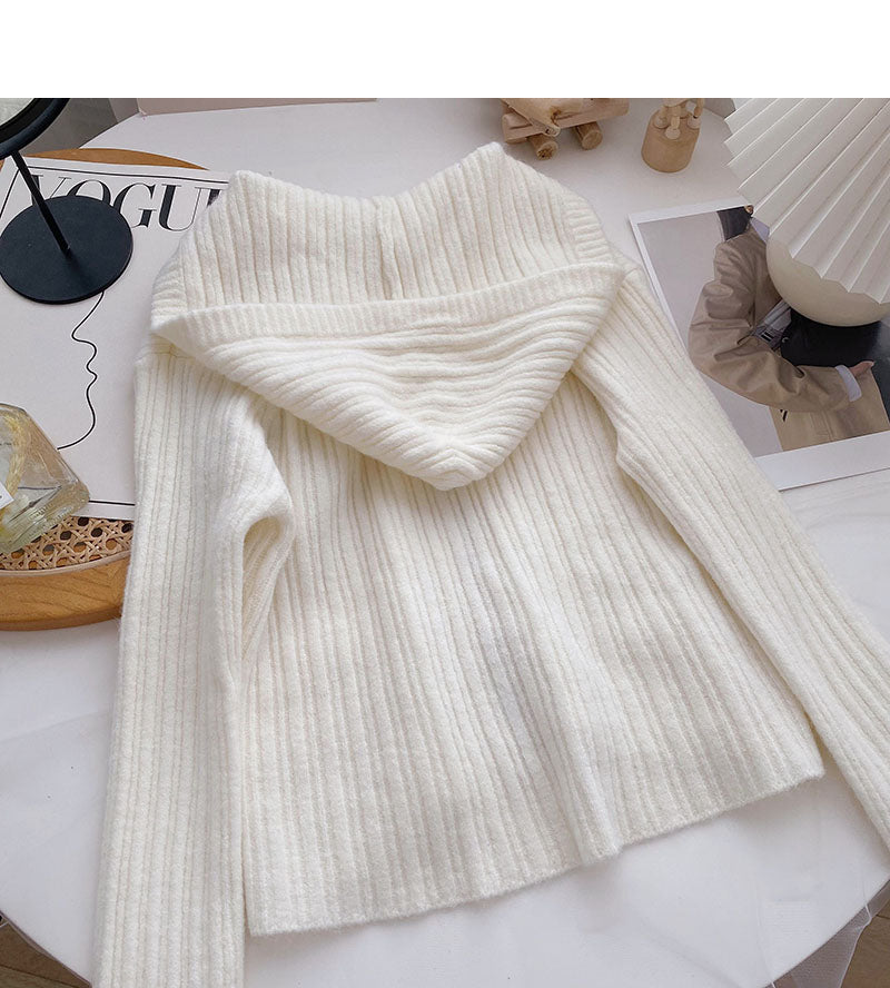 Cardigan hooded knitted coat solid short top  6590