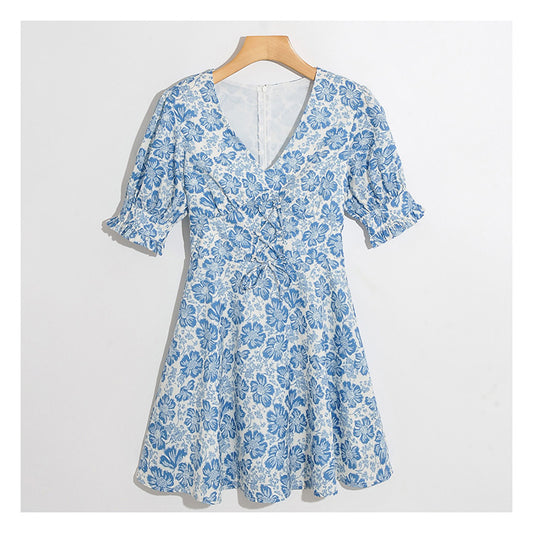 New fashion versatile flower print V-neck slim bandage bubble sleeve dress  7025