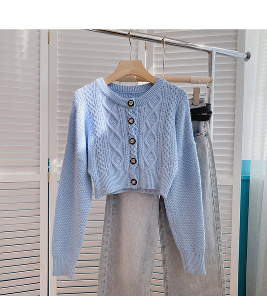 High waist short twist sweater single breasted cardigan top  6139