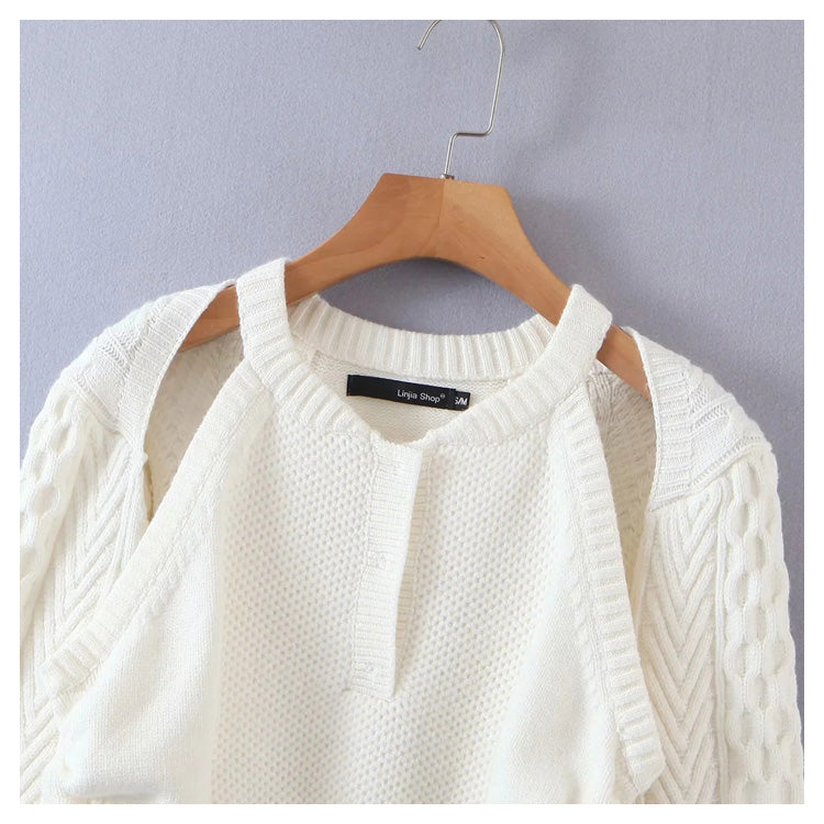 Collarbone hollow long sleeve knitted sweater  7234