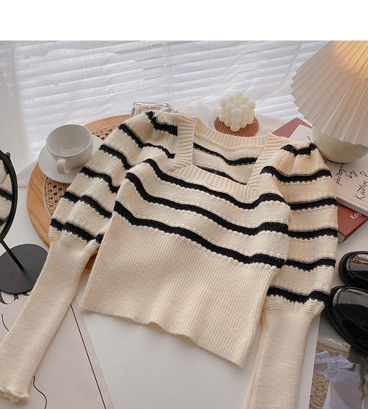 French Vintage gestreiftes, schmales Oberteil mit eckigem Ausschnitt und kurzen Laternenärmeln 6663