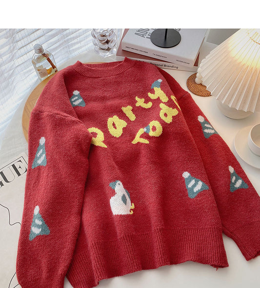 Vintage fun aging personalized printed round neck long sleeve loose top  6005