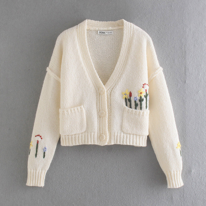 French sweet V-Neck long sleeve flower jacquard sweater knitted coat  7201