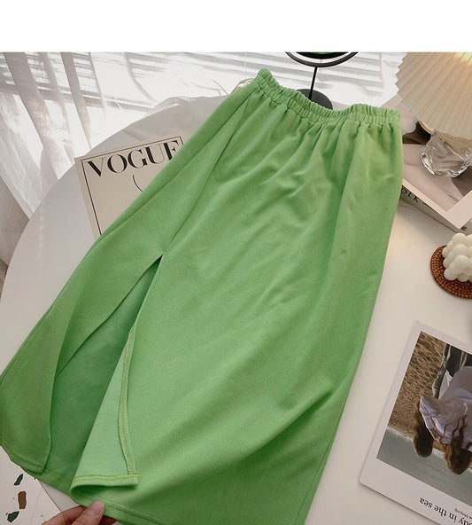 Korean high waist side split design pure color A-line skirt  5721