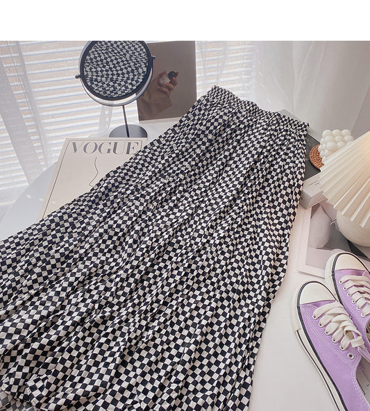 Irregular plaid skirt women's slim high waist elastic A-shaped long skirt  5807