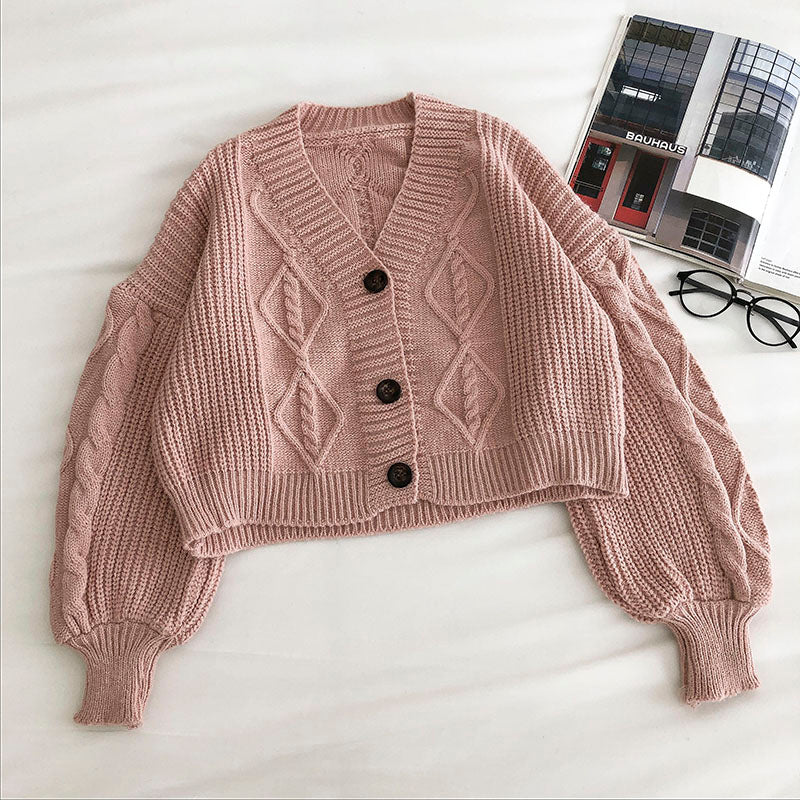 Loose coat women's long sleeve retro three button sweater  5836