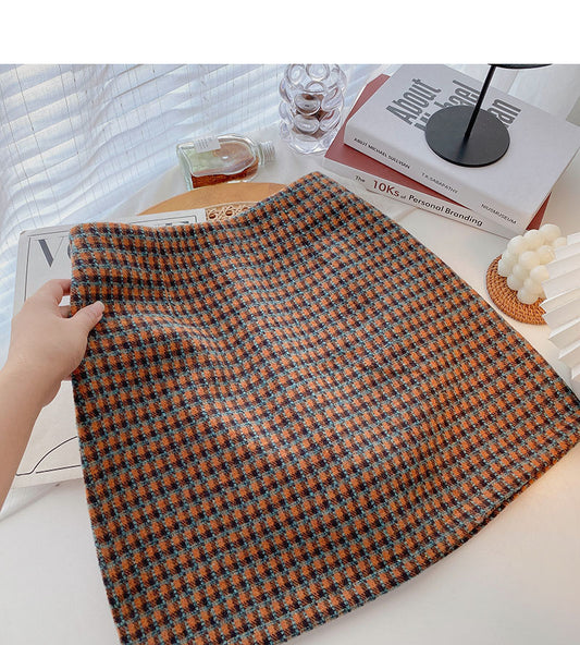 The new Korean retro style shows a thin Plaid hip wrap skirt  5531