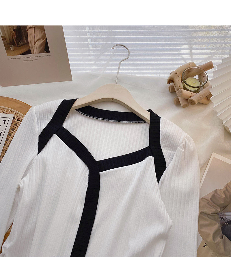 Long sleeve sweater women's design color blocking square neck short top  6691