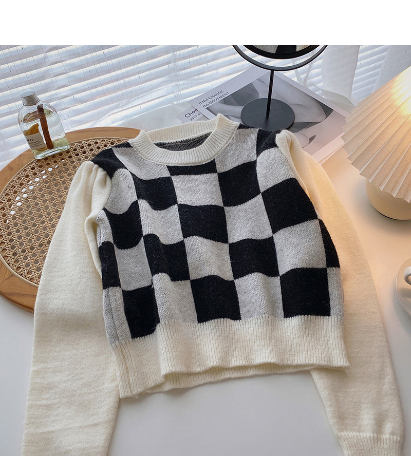Hong Kong style retro chessboard plaid sweater  5925