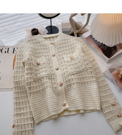 Xiaoxiangfeng gold silk knitted long sleeved single breasted plaid sweater  6065
