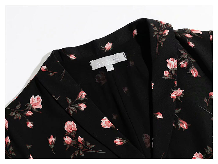 Vintage Lapel short sleeve slim waist floral print dress  7052