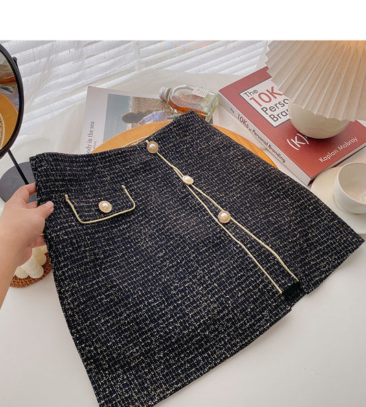 Korean elegant retro pearl button high waist A-shaped skirt  5533