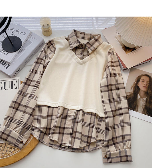 Kariertes Freizeittop im Hongkong-Stil mit langen Ärmeln 6337