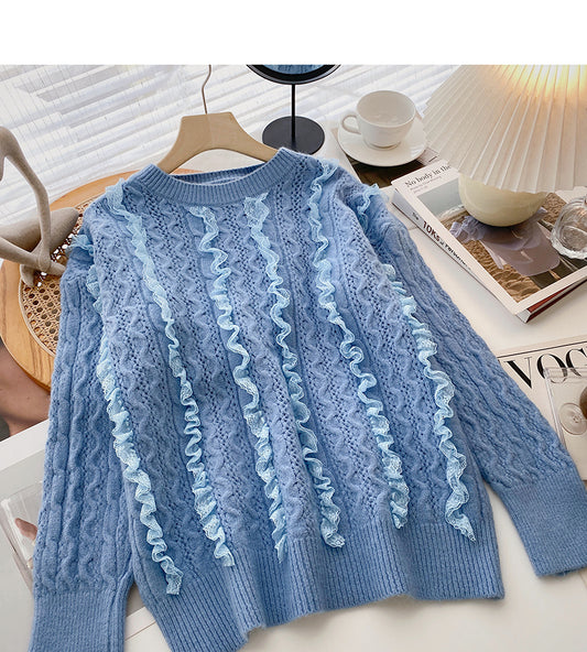 Design sense wavy lace sweater loose sweet crew neck top  6088