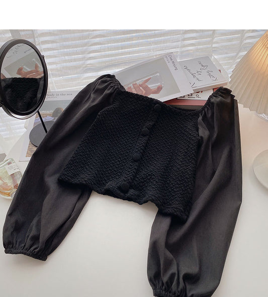 Haut slim français à manches longues avec col carré à clavicule cassée 6310