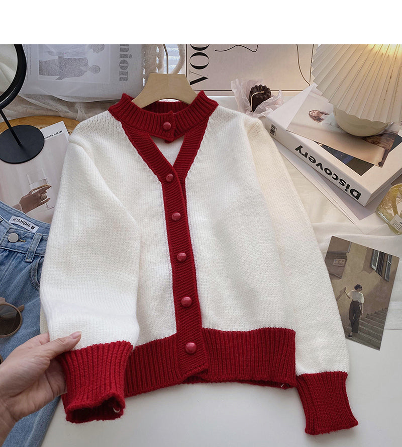 Hollow out design of long sleeve retro color matching sweater  6196