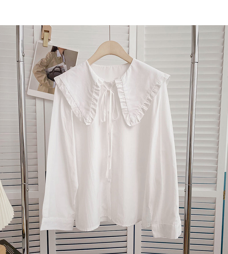 Solid long sleeved shirt with baby collar lace tie top  6432