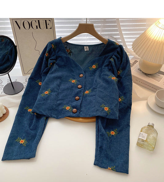 Chemisier vintage en velours côtelé à manches longues et col en V 6309