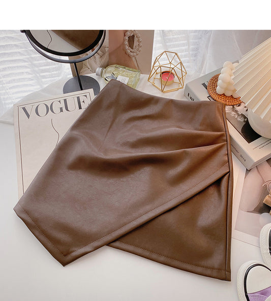 Irregular PU leather high waist wrap hip slim fashion skirt  5576