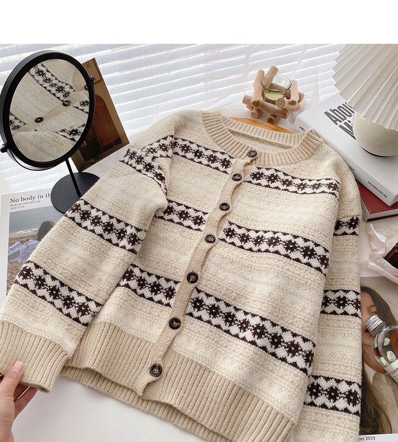 Vintage color matching sweater cardigan personalized long sleeve top  6120