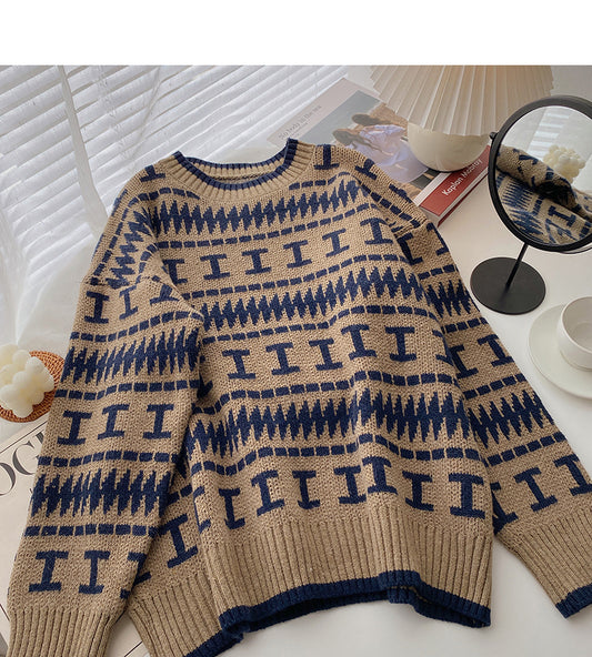 Lazy Hong Kong Retro-Kontrastfarbe Rundhals-Langarm-Lose-Top 5963