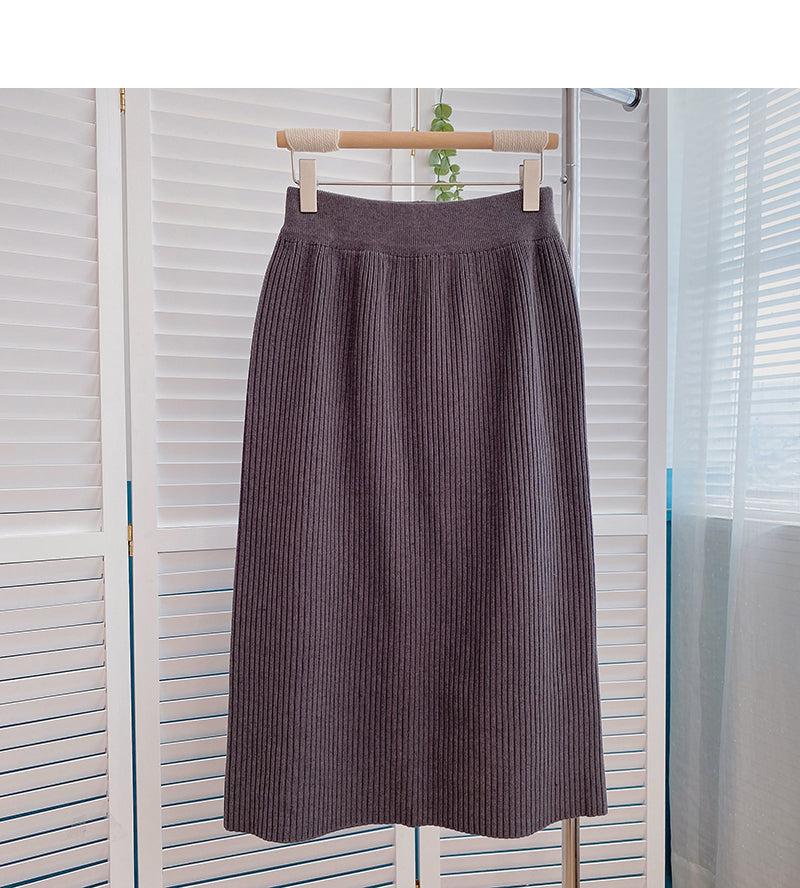 Korean casual solid color simple high waist split A-line skirt  5801