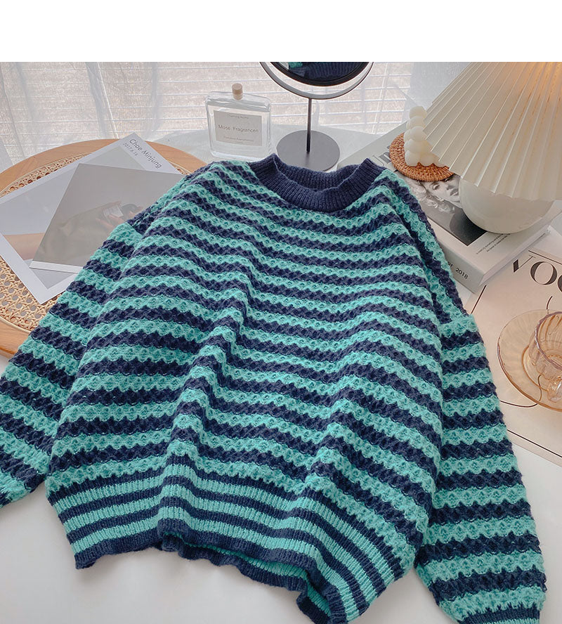 Lazy stripe contrast long sleeve sweater  6132