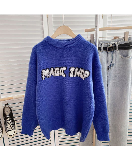 Lazy style personalized casual printing loose long sleeve top  6055