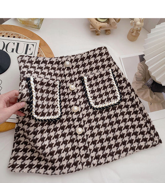 Pearl button small fragrance wind high waist thousand bird grid A-shaped skirt  5571