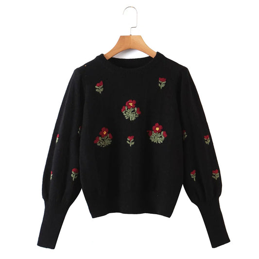 New lazy wind flower embroidered round neck Pullover Sweater  7435