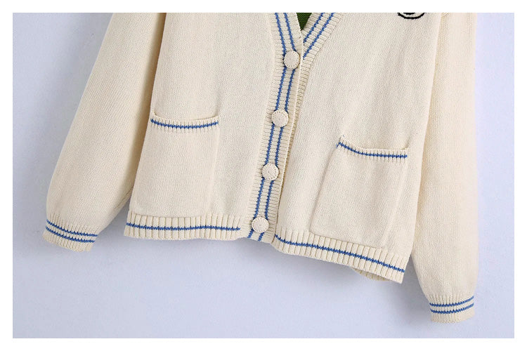 V-neck loose embroidered sweater cardigan jacket  7262