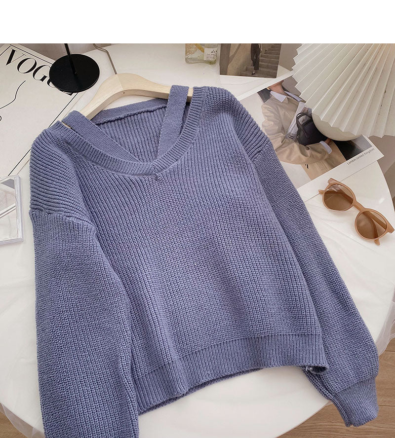 Korean design personalized V-neck hollowed out long sleeves look thin  6128