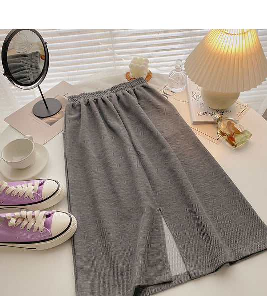 High waist elastic split A-line medium length skirt  5724