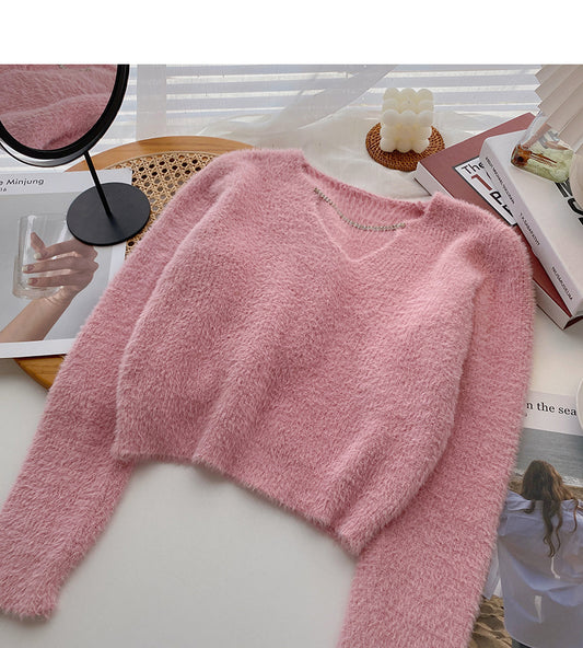 Koreanische Version süßes und frisches kurzes Top mit V-Ausschnitt und Kette 5978