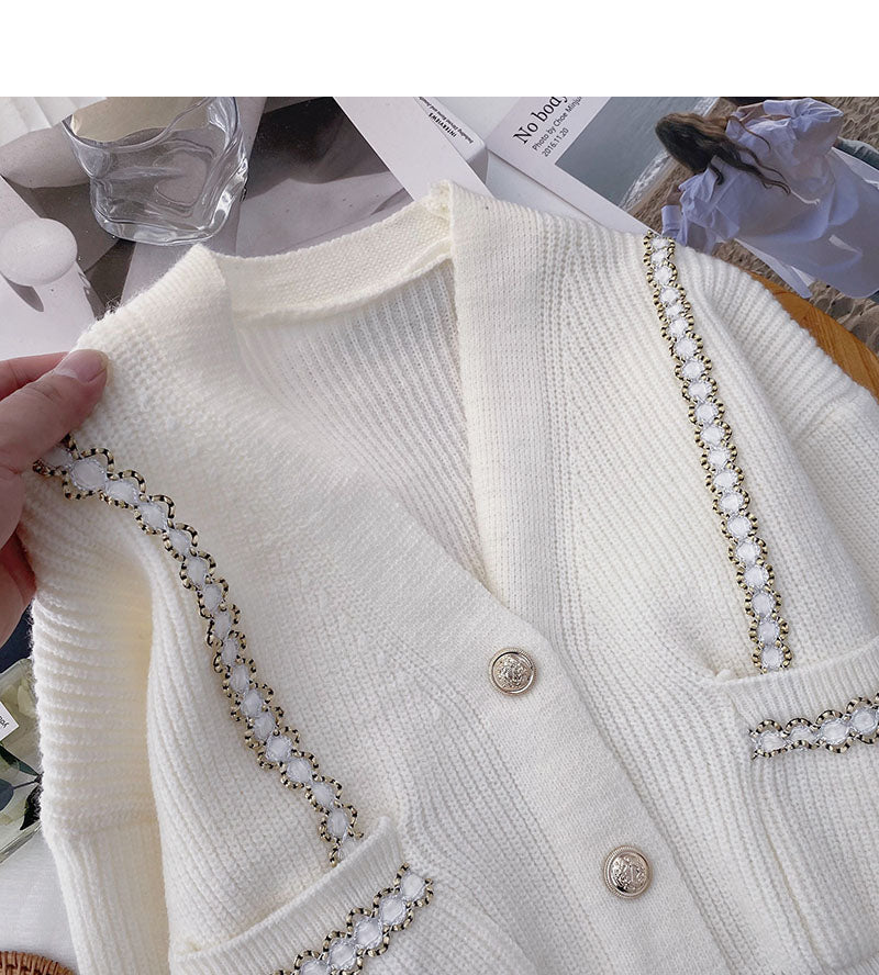 Double pocket V-Neck long sleeve small fragrance knitted cardigan  5905