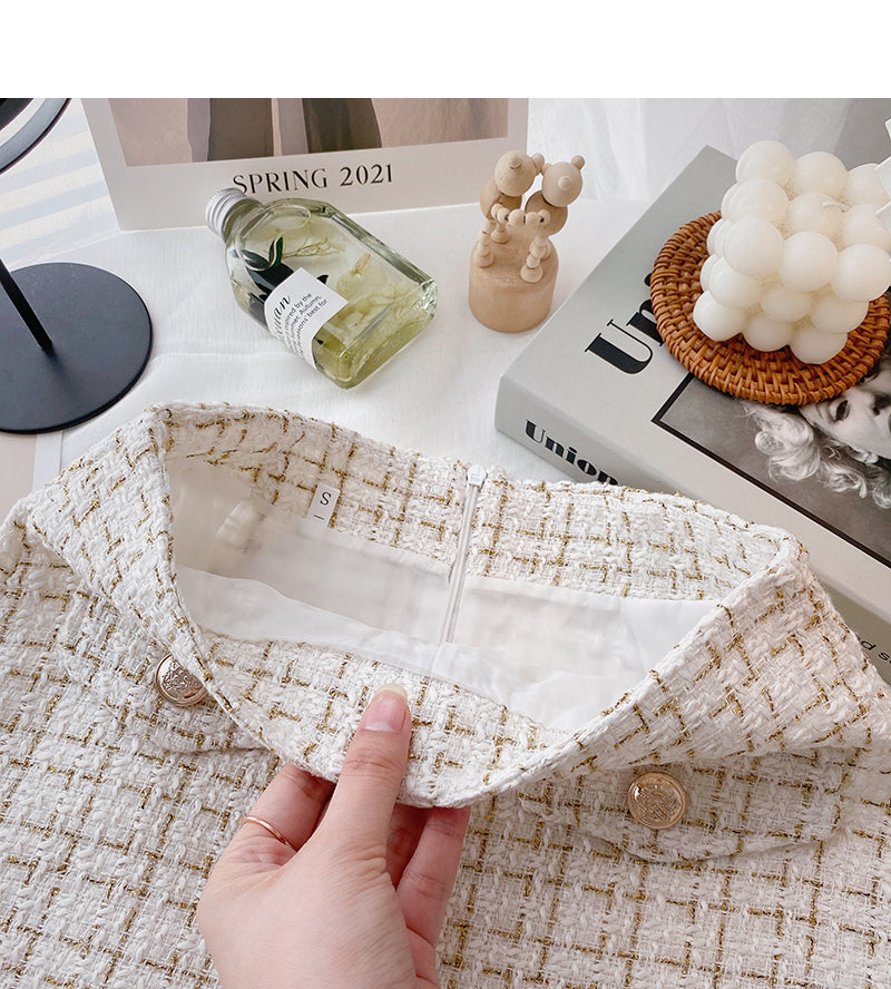 Korean version of thin gold coarse tweed small fragrant grid skirt  5627