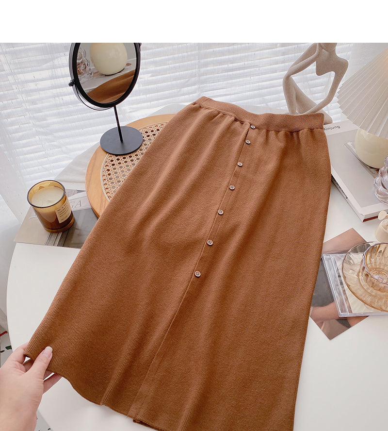 Leisure port style solid high waist button split A-line skirt  5804