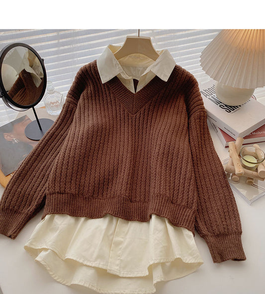 Vintage shirt stitched sweater fake two women  6001